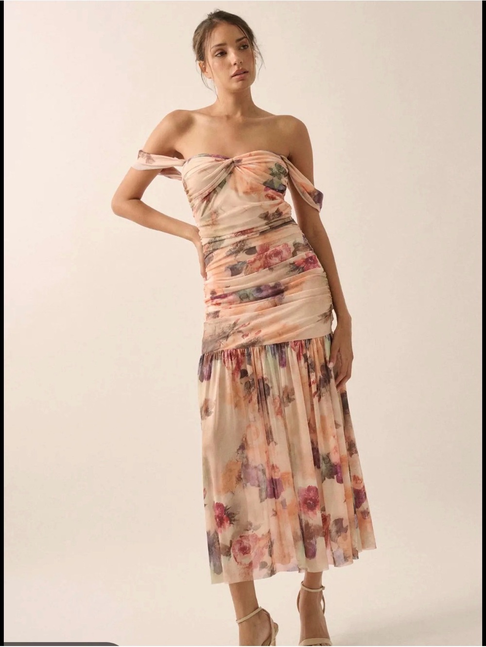 Promesa Floral Midi Dress in Blush Peach and Lavender Accents